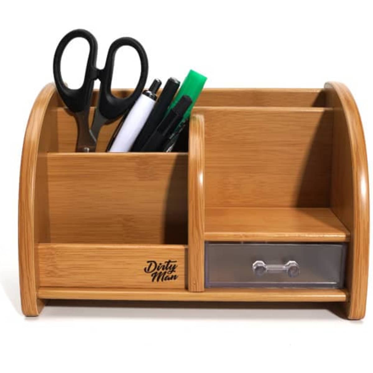 A bamboo desk organiser with a drawer, featuring compartments for scissors, pens, and markers.
