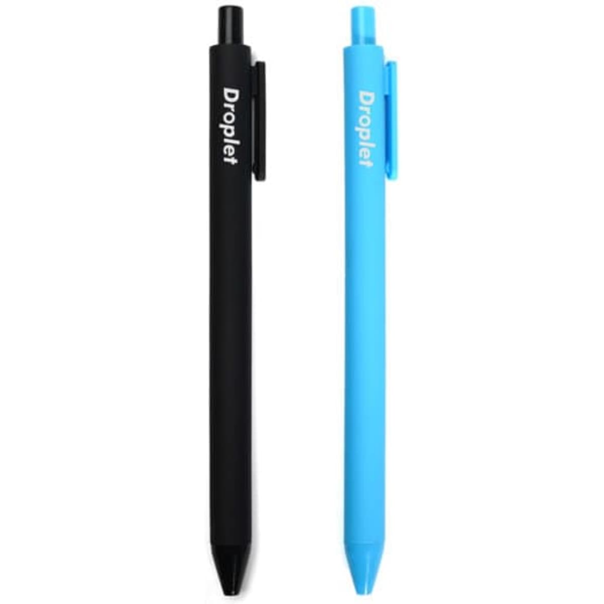 Two retractable ballpoint pens, one black and one blue, displayed side by side. Both feature a logo.