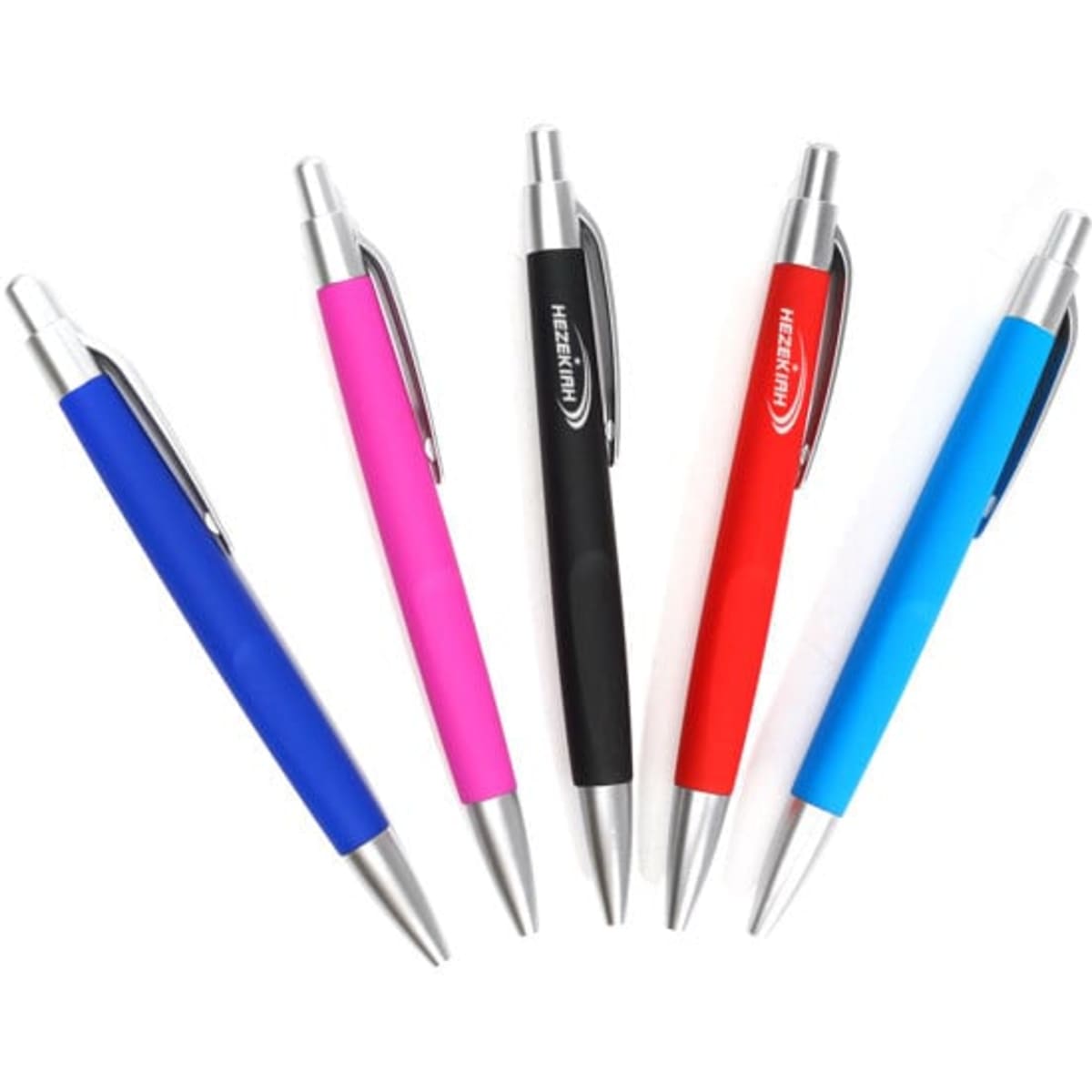 A group of five rollerball pens in blue, pink, black, red, and light blue, each featuring a silver clip and barrel.