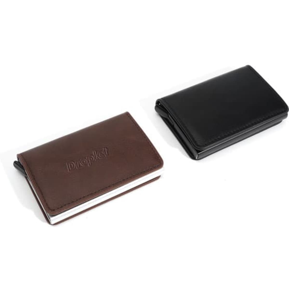 Two RFID business card holders in brown and black leather finishes, featuring a subtle logo on the surface.