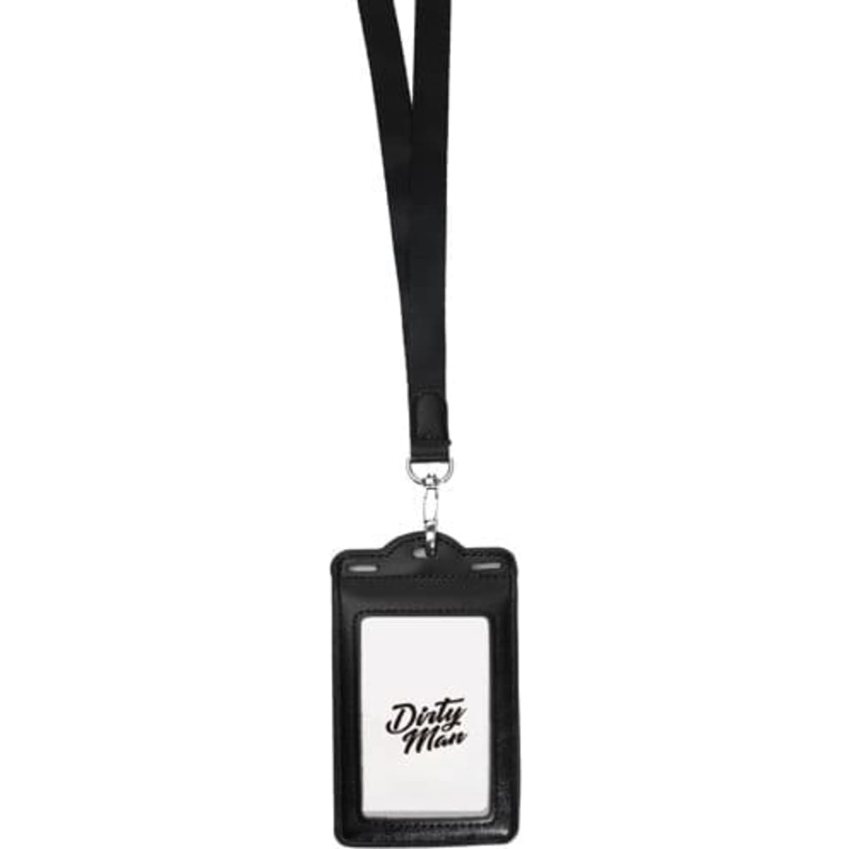 A black leather ID card holder with a lanyard, featuring a blank card slot and a logo.