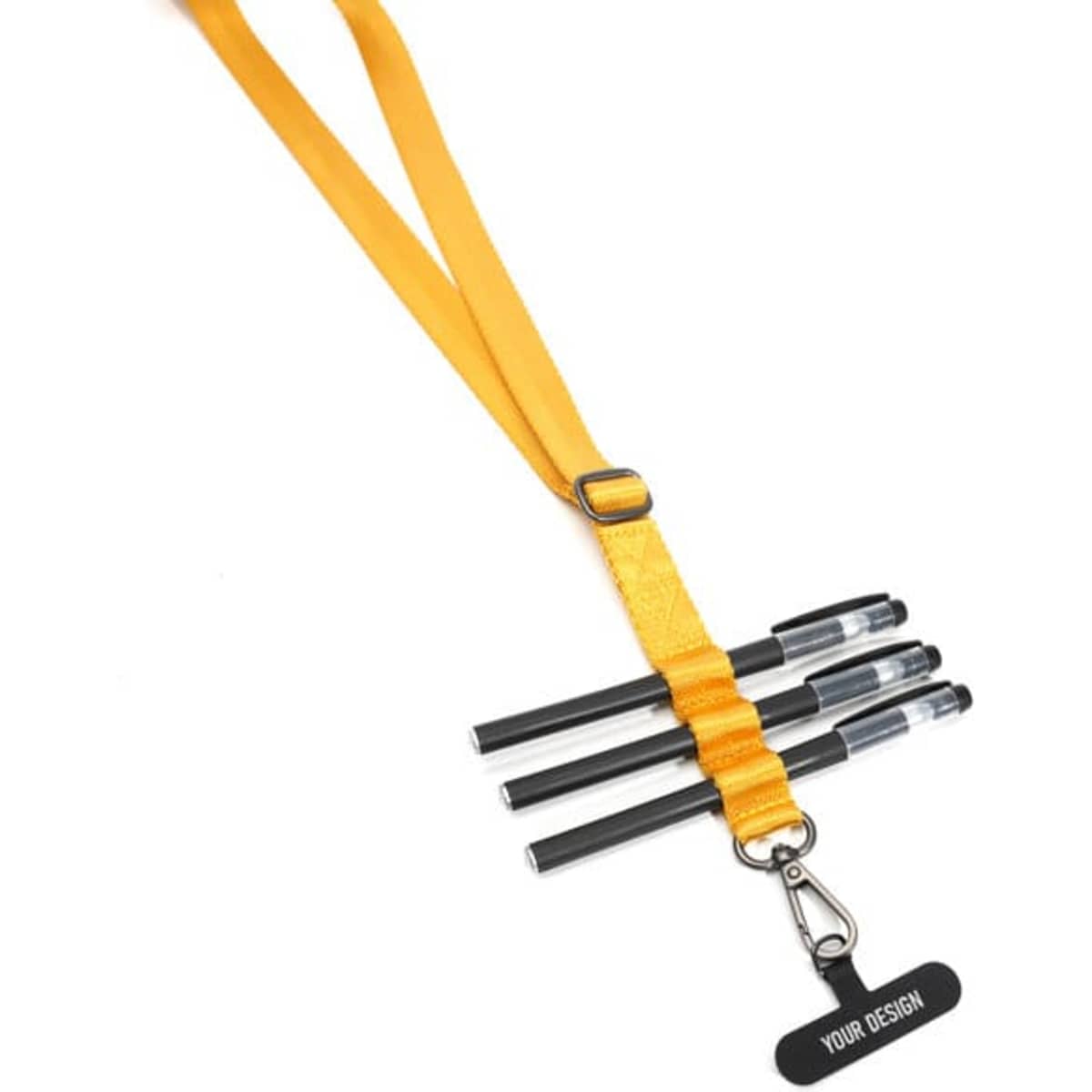 A vibrant yellow adjustable nylon lanyard with a pen holder and three black pens attached. Features a branding area.