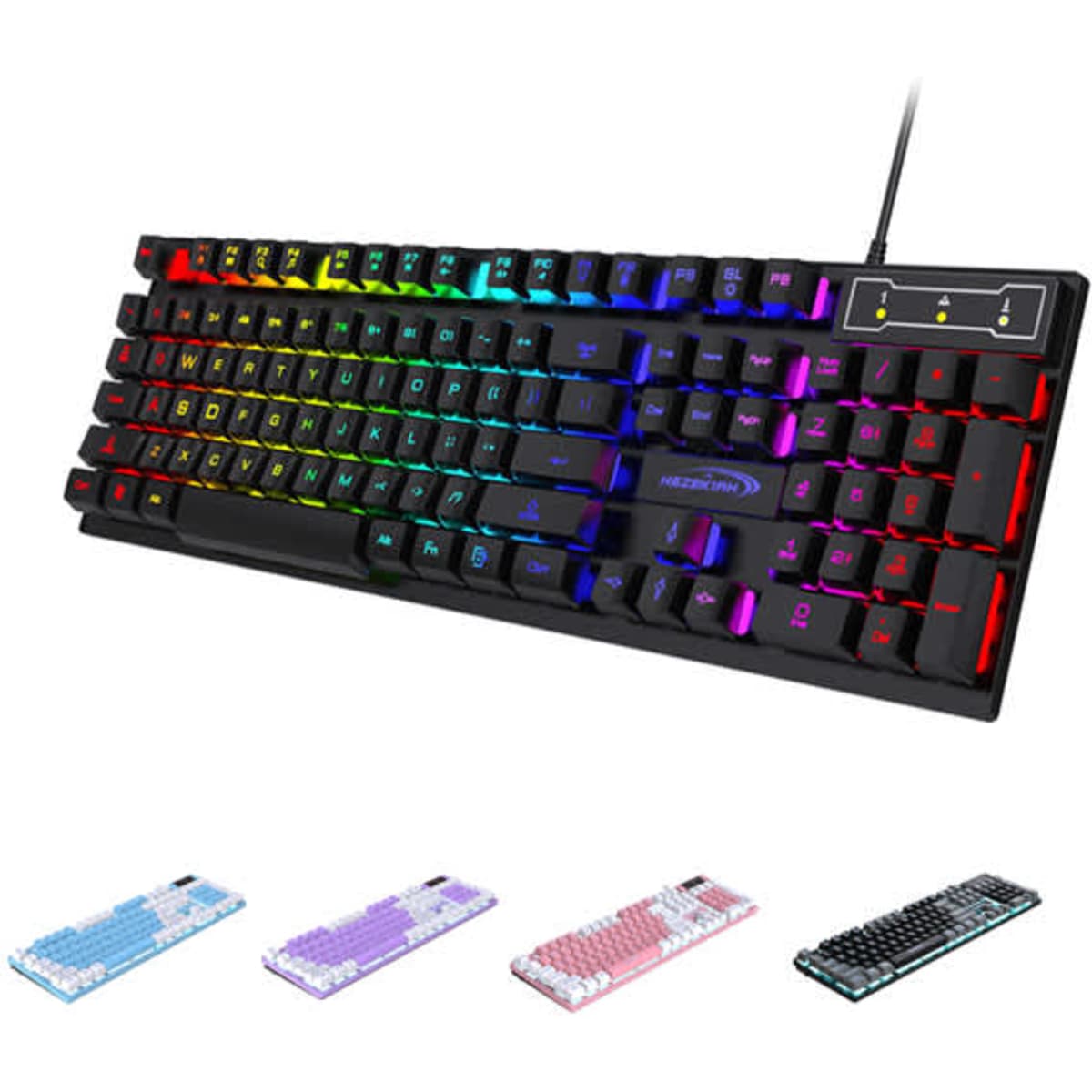 A mechanical gaming keyboard with a black finish and illuminated, multicoloured keys, featuring various other colour options below.