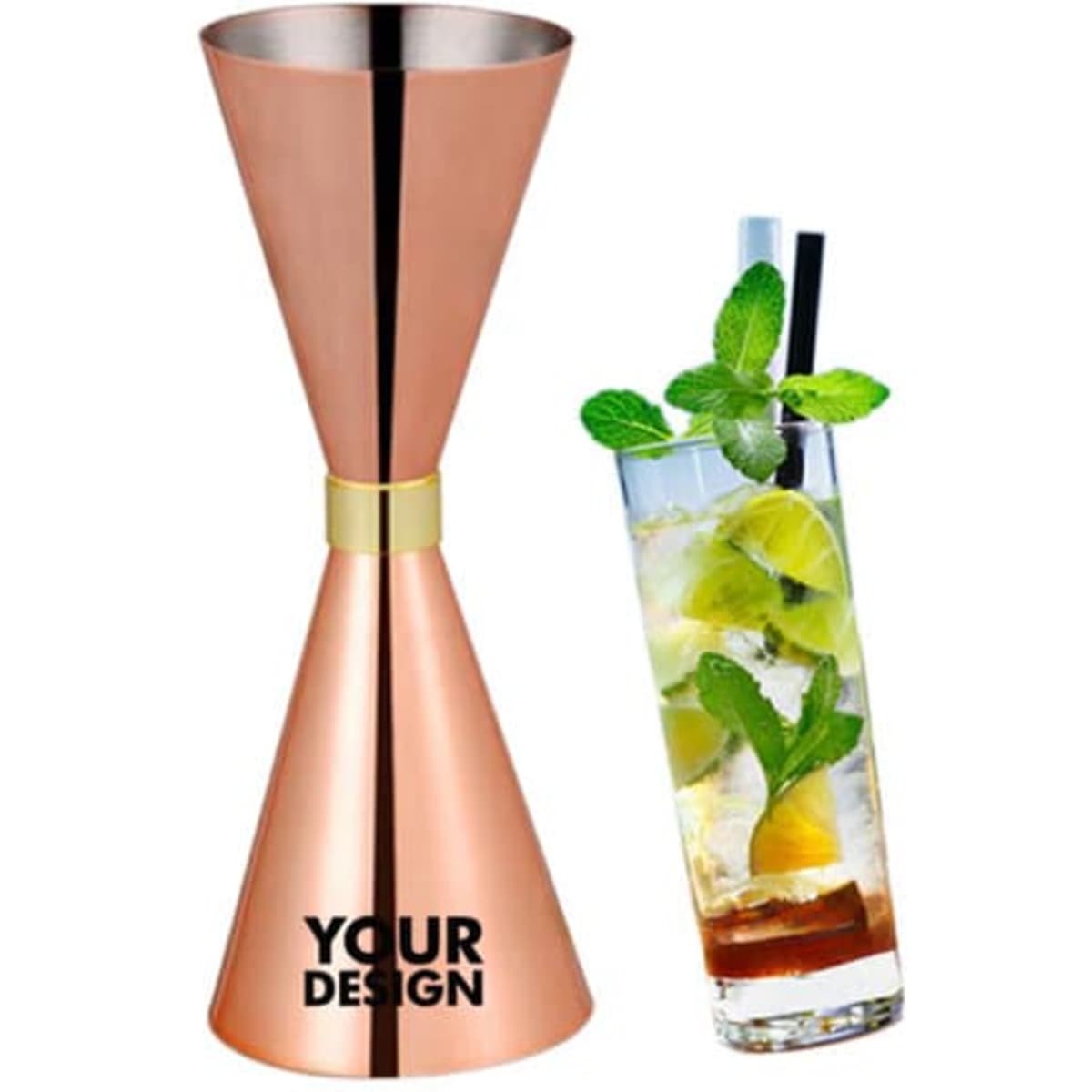 A stainless steel double-head measuring cup in a copper finish, alongside a mint and lime cocktail in a glass.