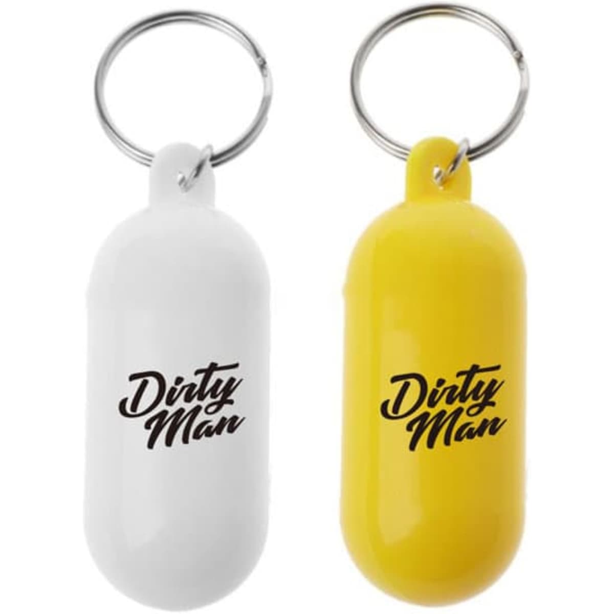 A pill-shaped beach floating keychain in white and yellow with a keyring. Features branding on the surface.