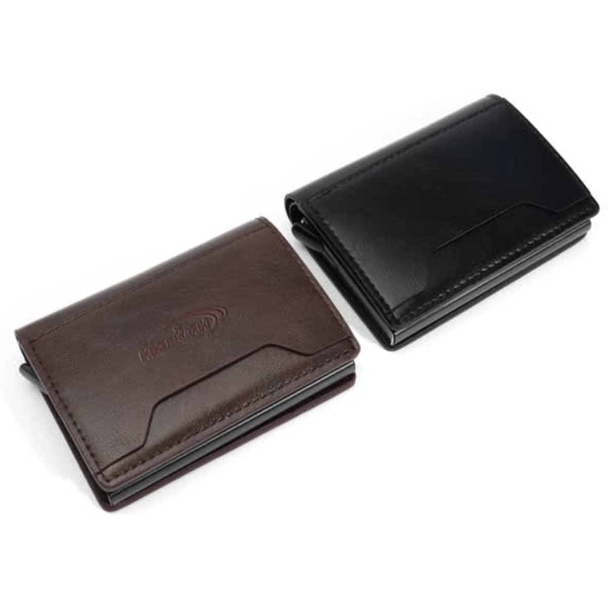 A RFID blocking card holder set in brown and black leather, featuring a logo on the surface of each wallet.