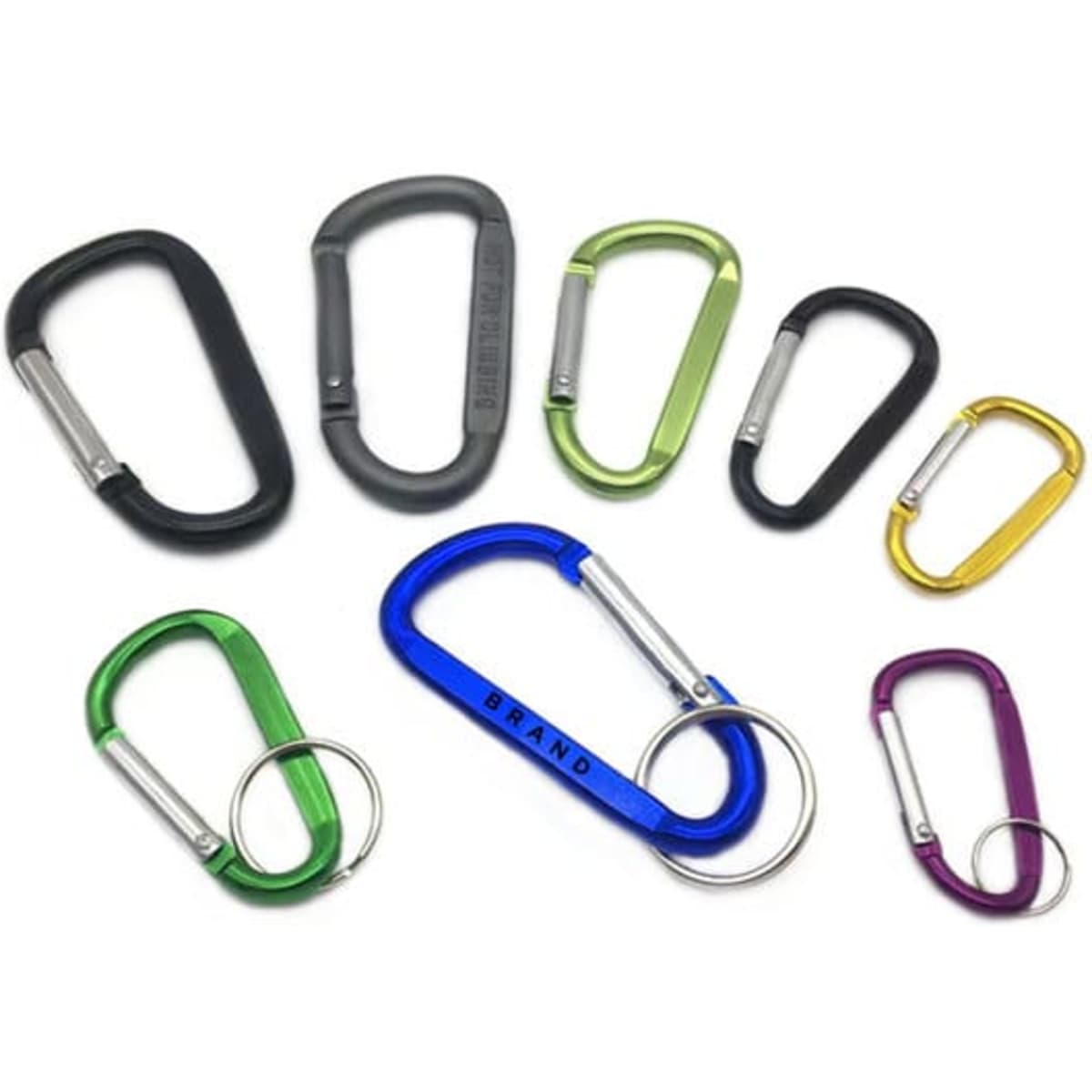 A collection of Aluminium alloy D-shaped carabiners in various colours, featuring a logo on some.