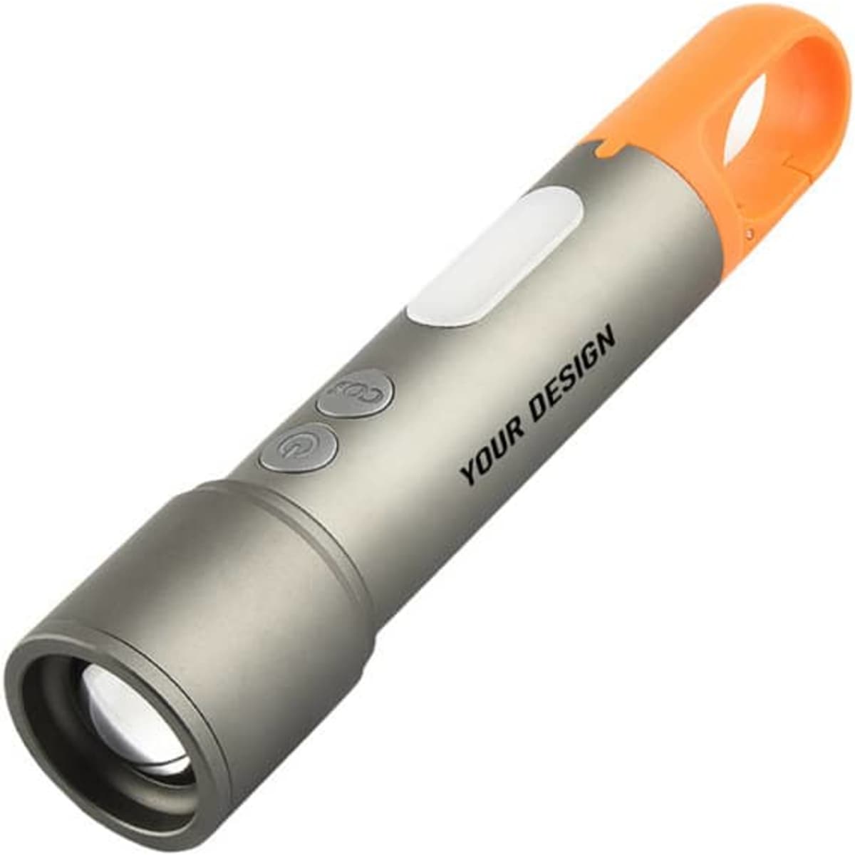 A rechargeable LED flashlight in grey and orange, featuring buttons and a design area, with a loop for attachment.
