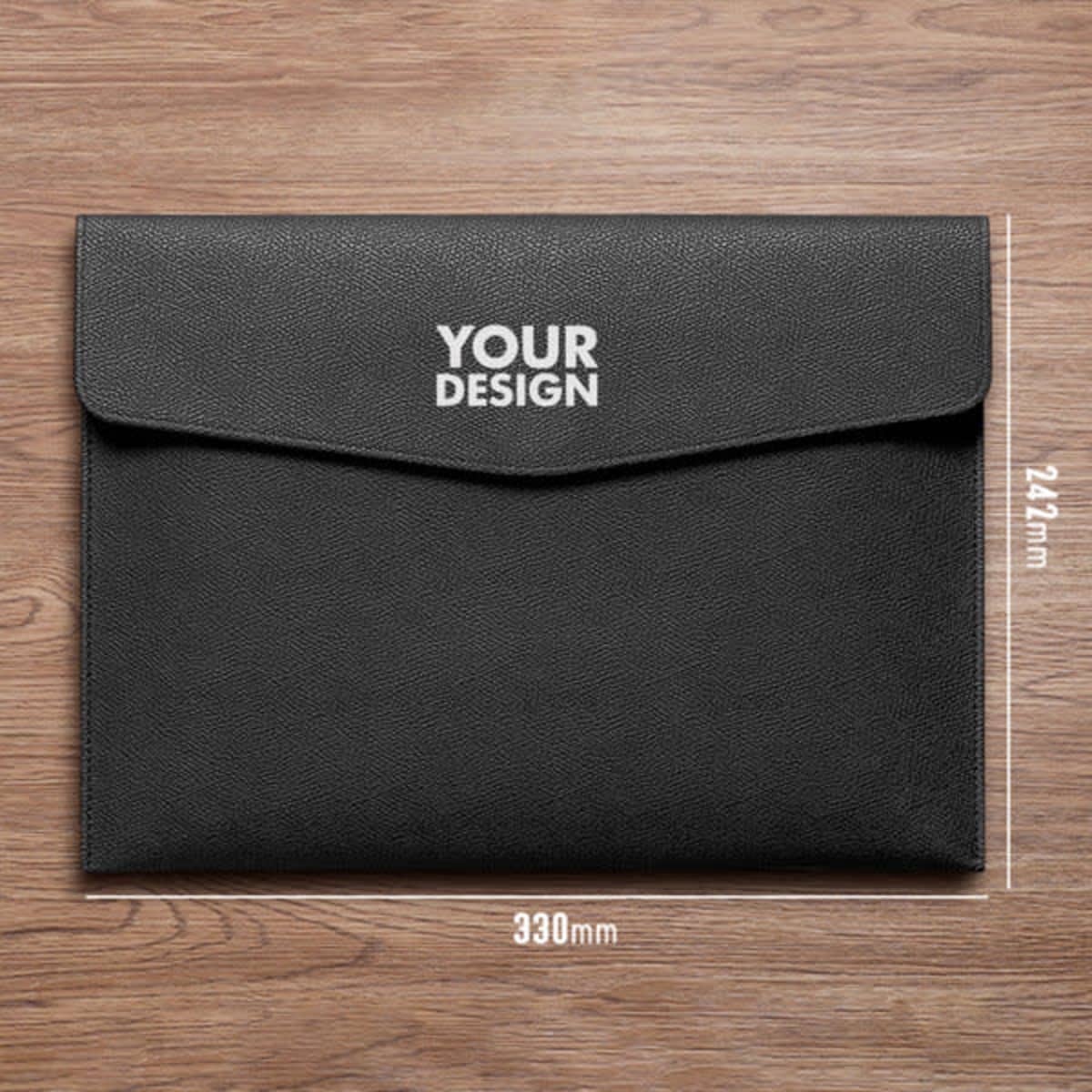 A black PU leather A4 document file folder with a closed flap and dimensions displayed. It features a logo.