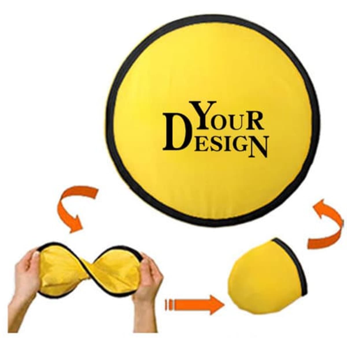 A foldable pop-up fan in vibrant yellow, featuring a design area and a logo. It is shown in both open and folded states.