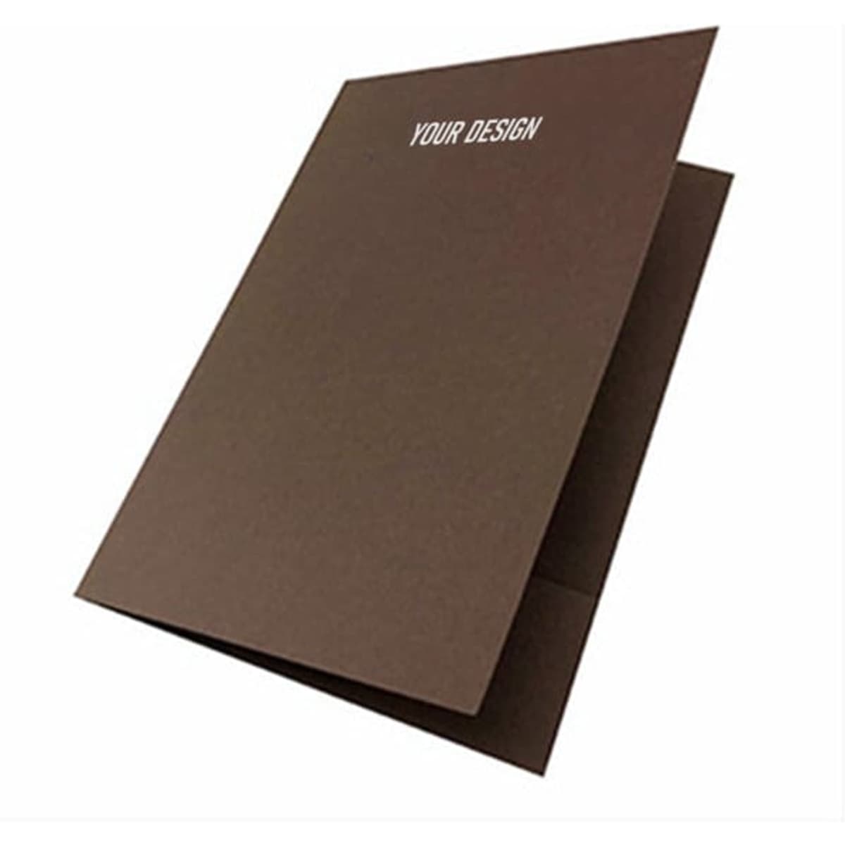 A brown cardboard file folder featuring a design on the front and an open layout. It has a logo on it.