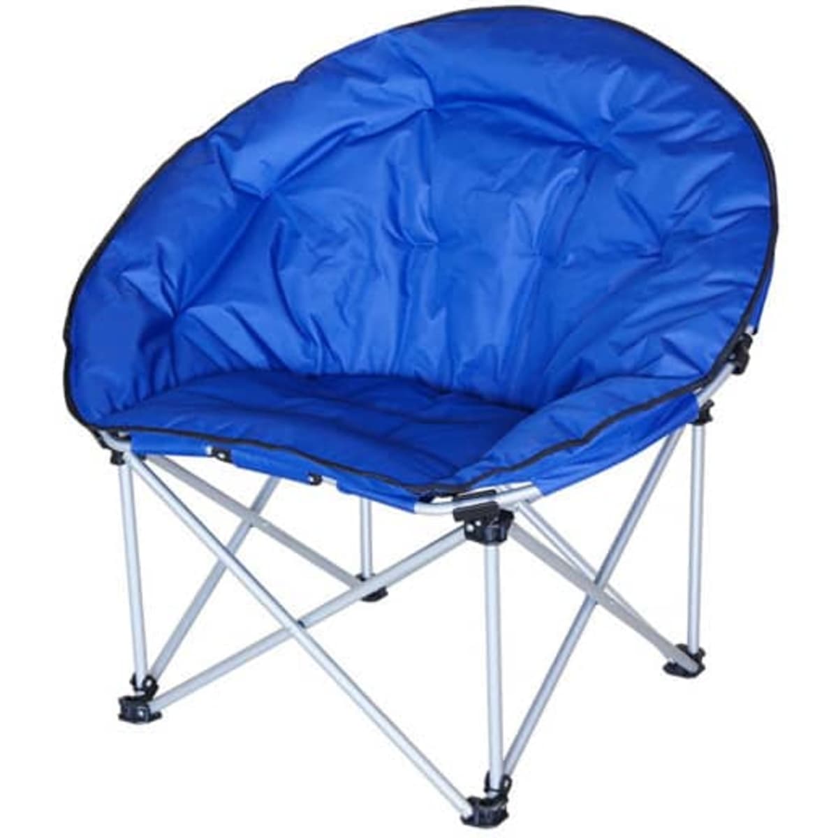A blue outdoor folding camping moon chair with a padded seat and metal frame. It features a logo on the back.