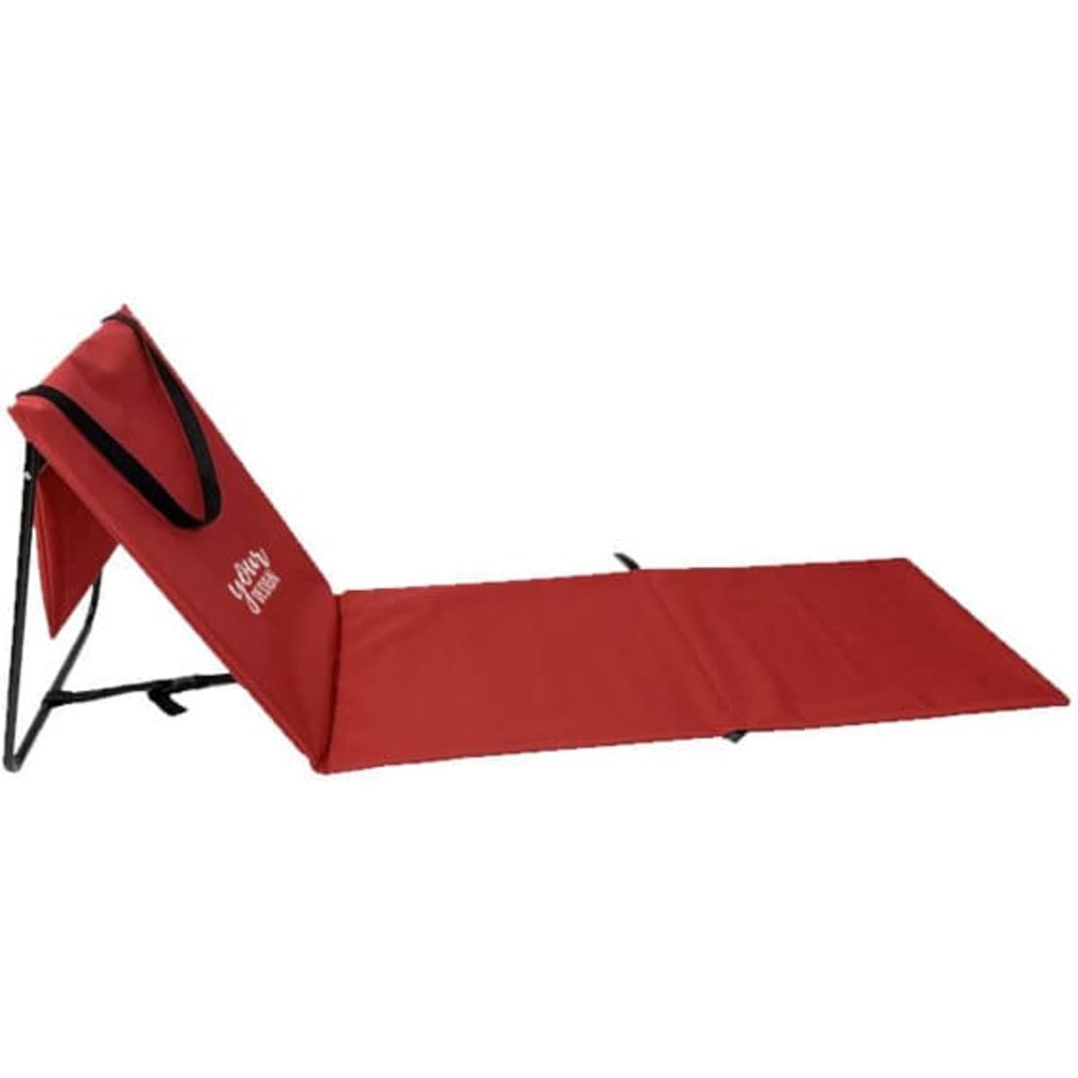A red folding beach lounger mat with a backrest and a supportive frame. The mat includes a logo.