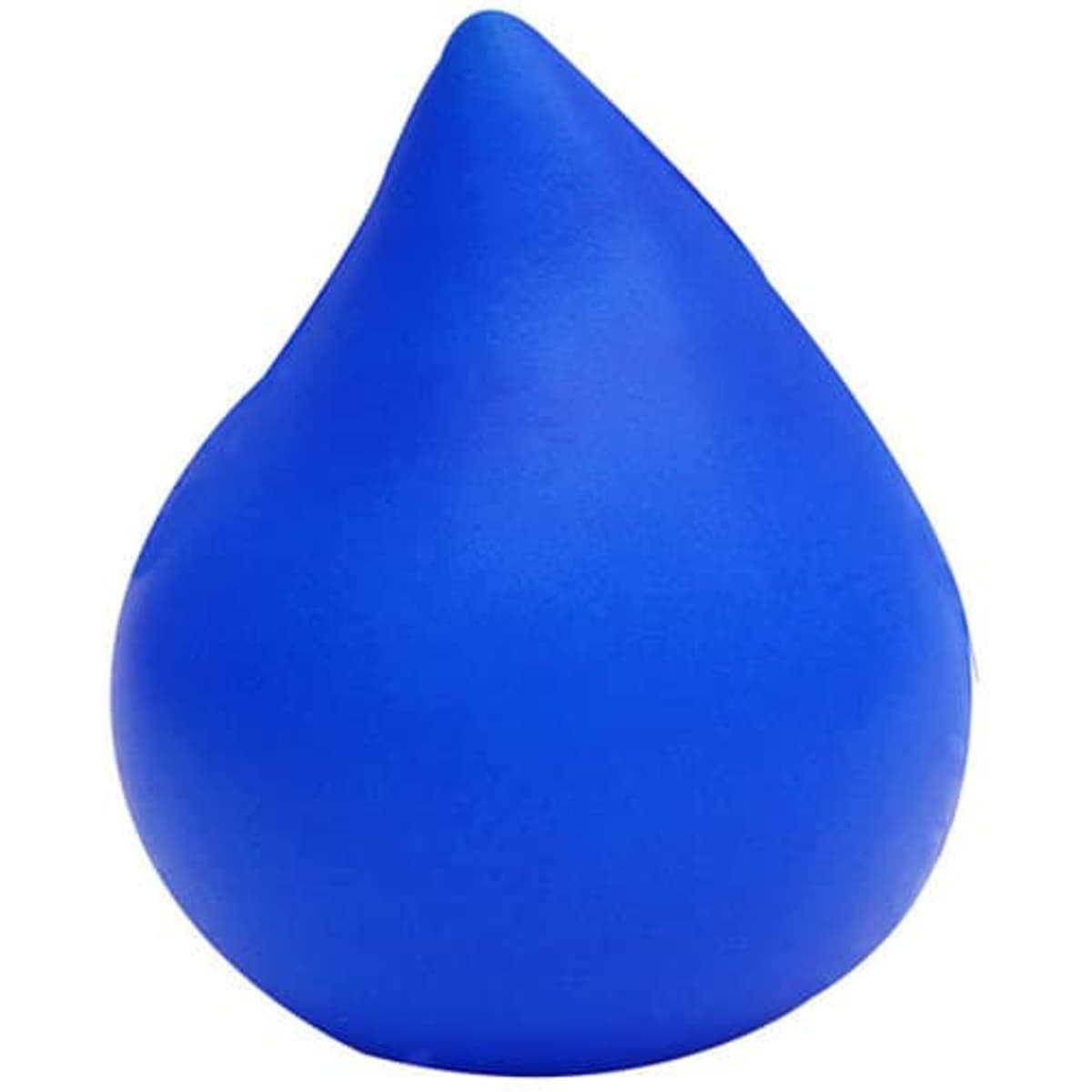 A blue water drop-shaped anti-stress ball with a smooth surface and a rounded top, featuring a logo.
