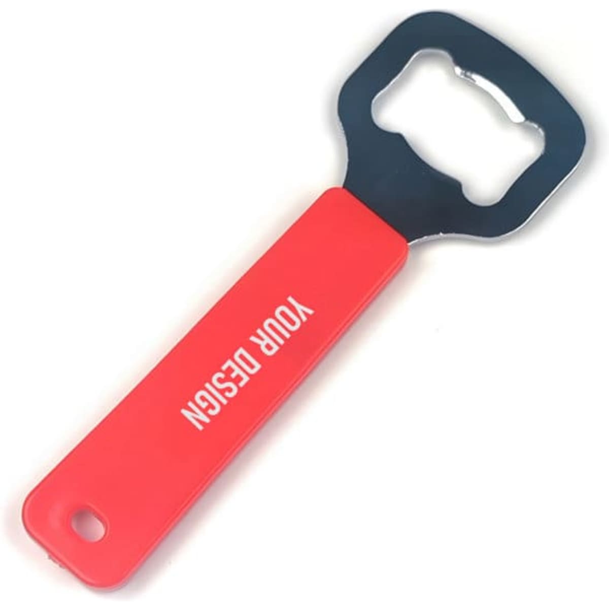A drink bottle opener featuring a red handle and a metal opener with a logo.