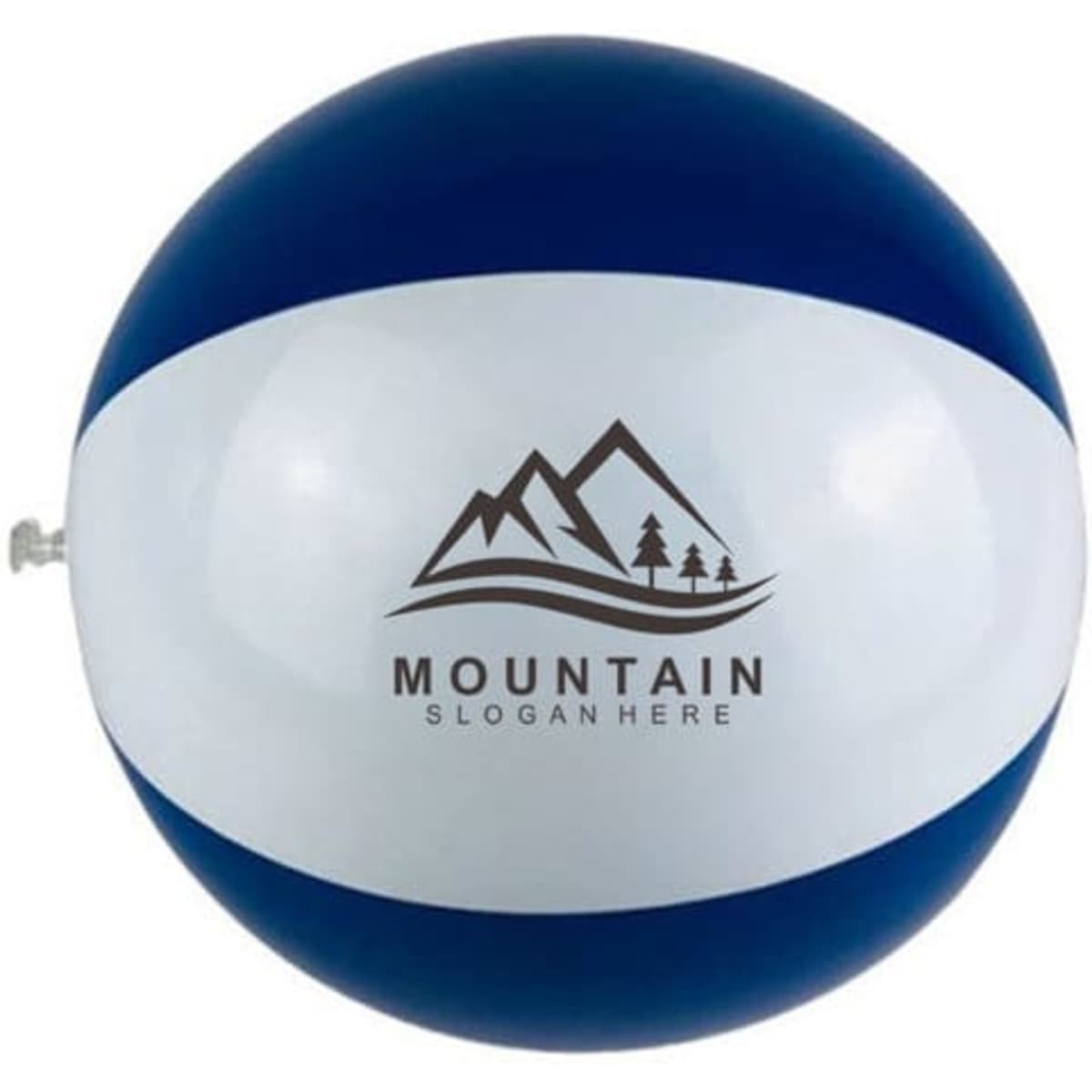 A 12 inch inflatable beach ball featuring blue and white stripes, with a logo printed on it.