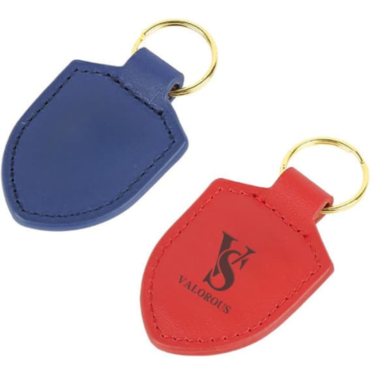 A blue and red PU leather keychain with a gold metal keyring and a logo on one side.