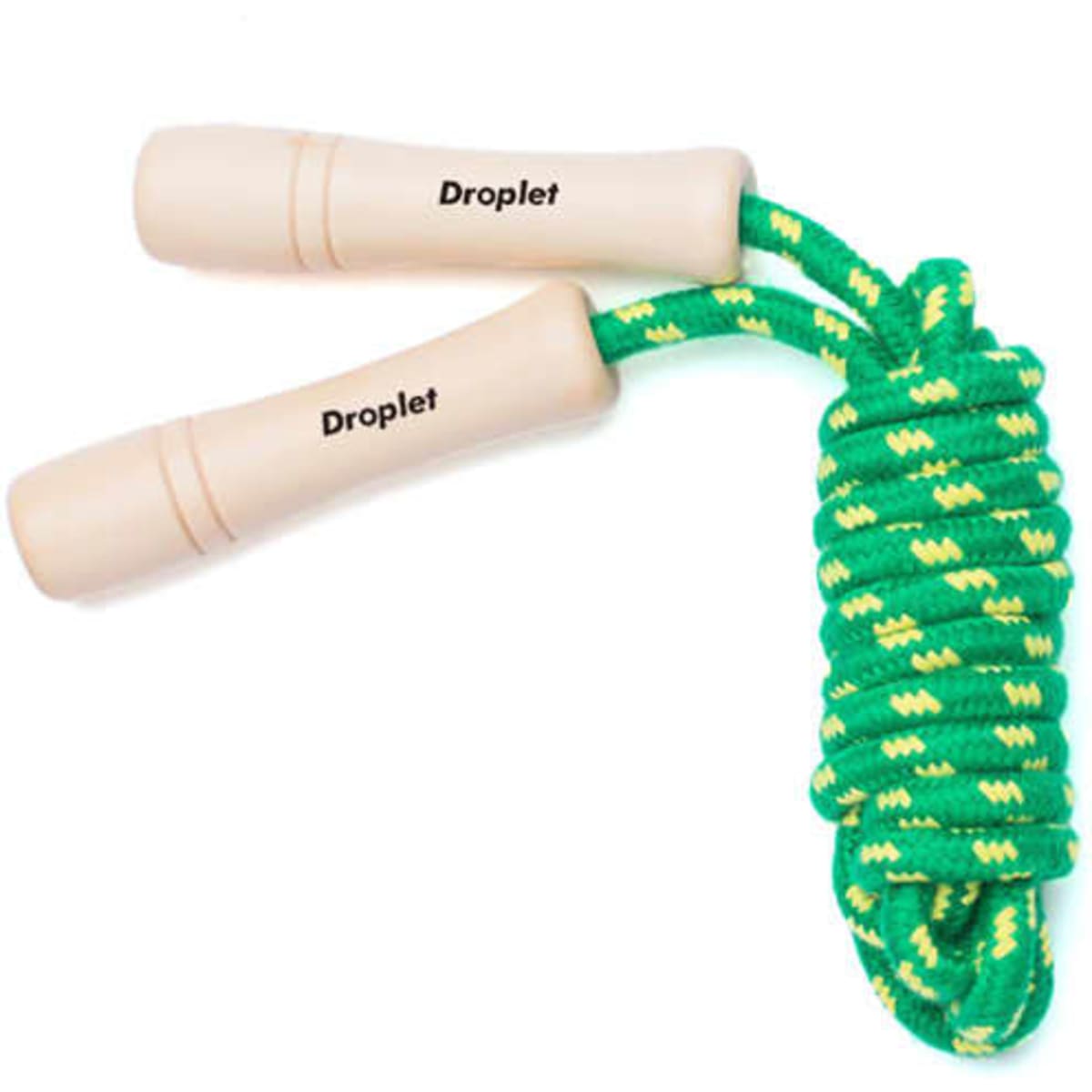A skipping rope featuring wooden handles and a green and yellow patterned rope. The product has a branding logo.