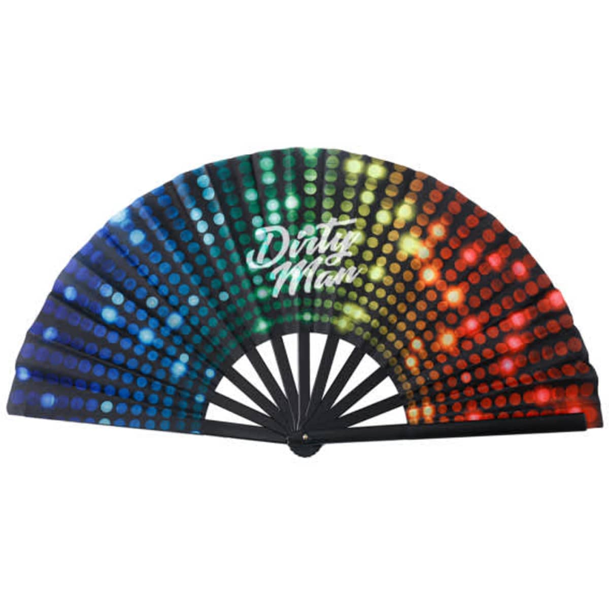 A fluorescent folding hand fan featuring a vibrant gradient of colours and a patterned design, with a logo on the surface.