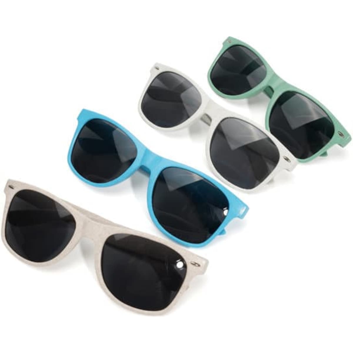 Four pairs of sunglasses in grey, turquoise, blue, and green, all featuring dark lenses and a branding logo.