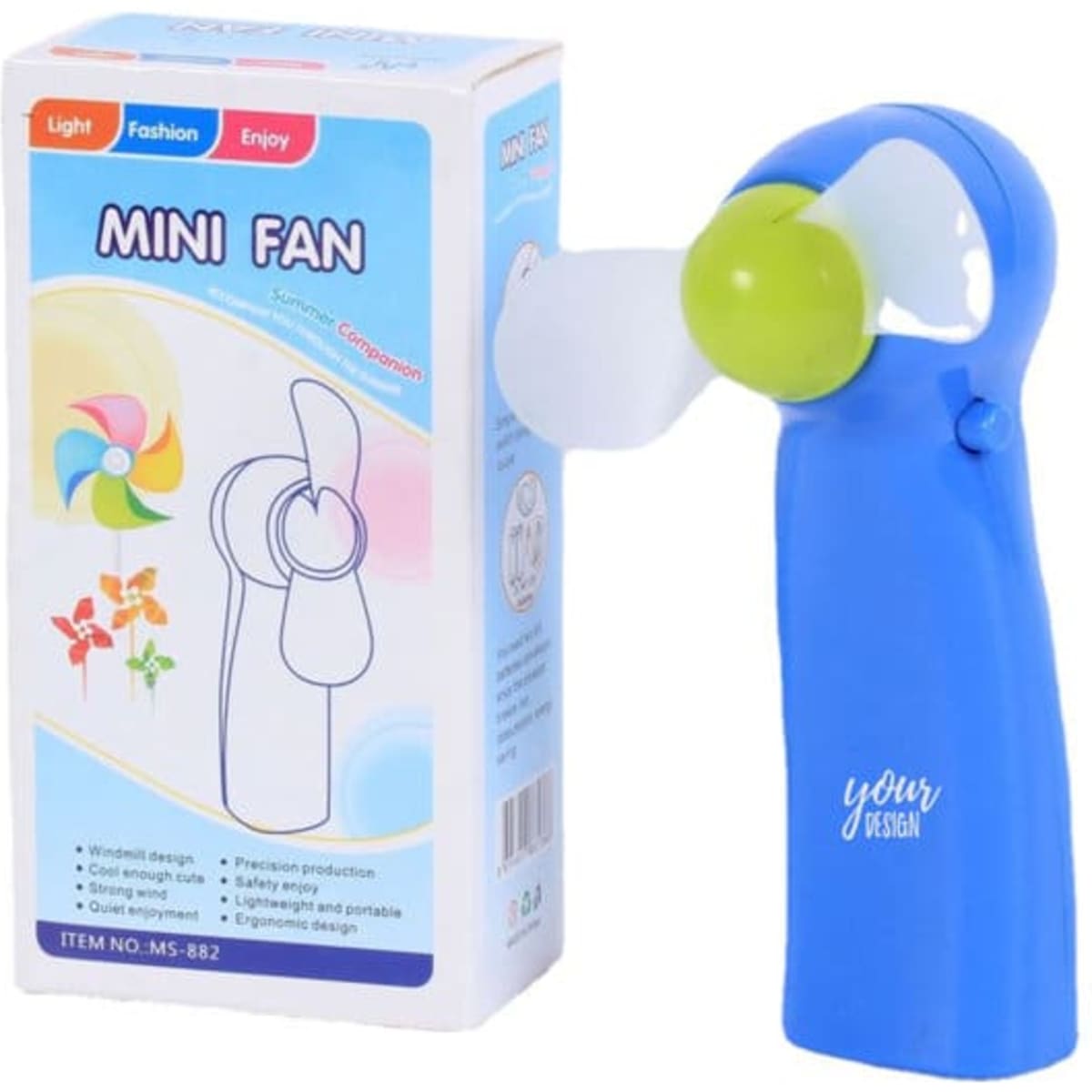 A blue battery-operated mini electric fan next to its packaging, featuring a whimsical design and a green accent.