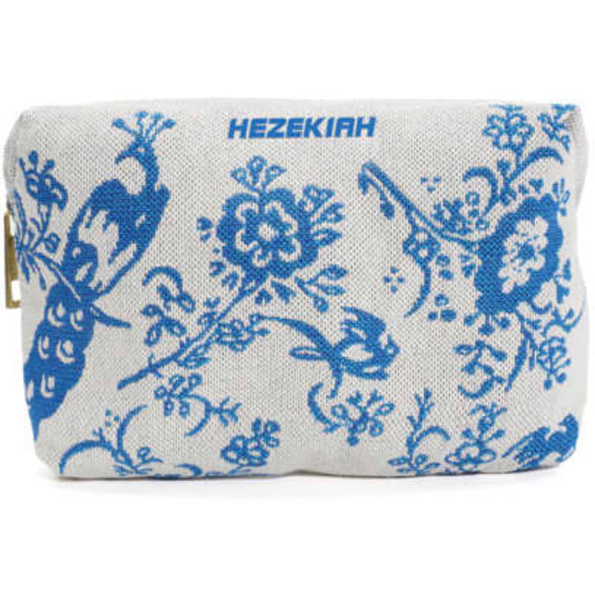 A custom jacquard embroidery bag featuring a floral design in blue on a light grey background. It has a logo on the front.