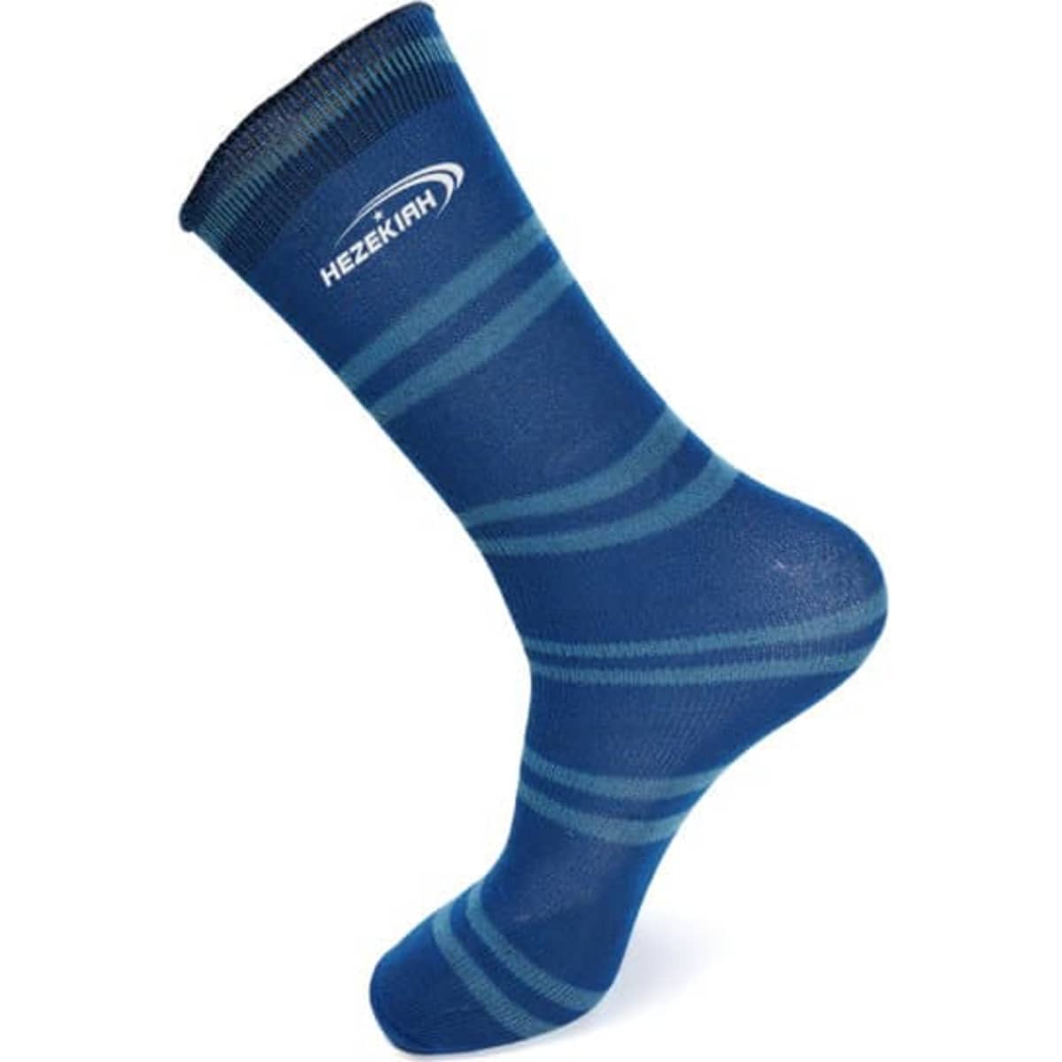 A blue sock with horizontal stripes and a logo at the top. The sock is designed to fit the ankle.