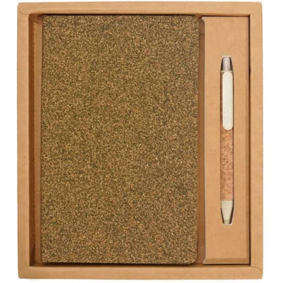 A biodegradable notebook and pen gift set in a natural brown packaging, featuring a gold-hued notebook and a cork pen.