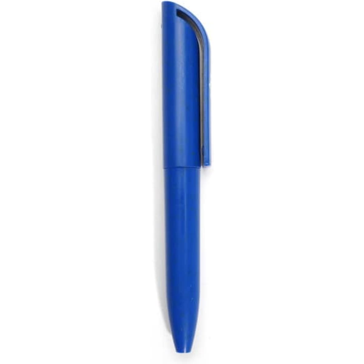 A blue mini rotatable ballpoint pen with a clip. The pen has a smooth, streamlined design and features branding.
