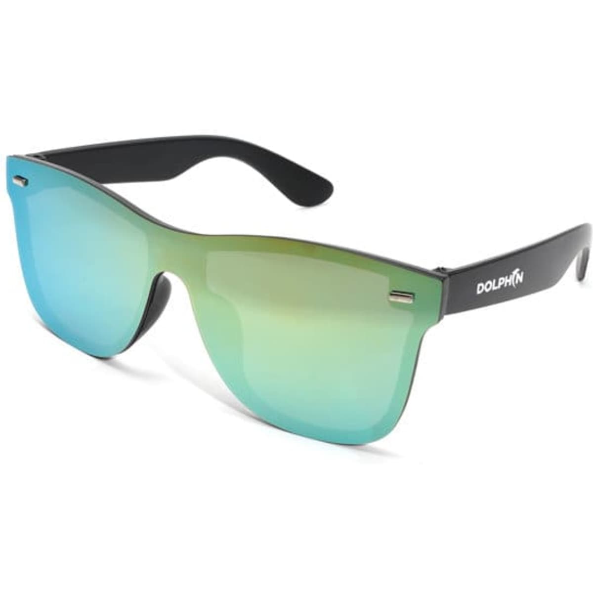 Wide frame polarized sunglasses with a black frame and gradient turquoise lenses, featuring a logo on the side.