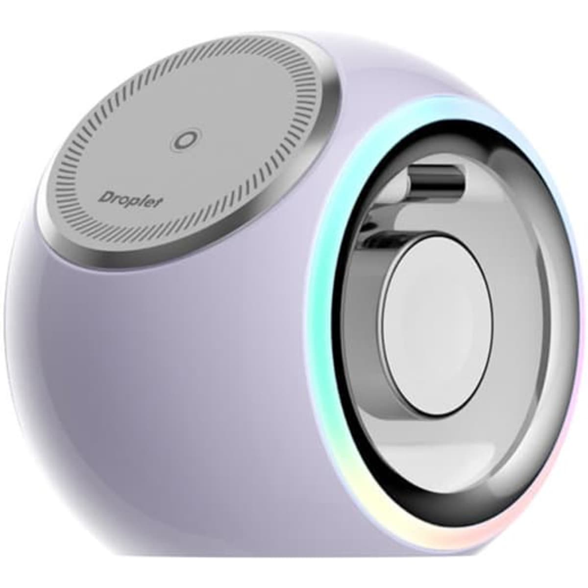 A round, light purple wireless charger with a silver centre, featuring a multi-coloured light ring and a logo.