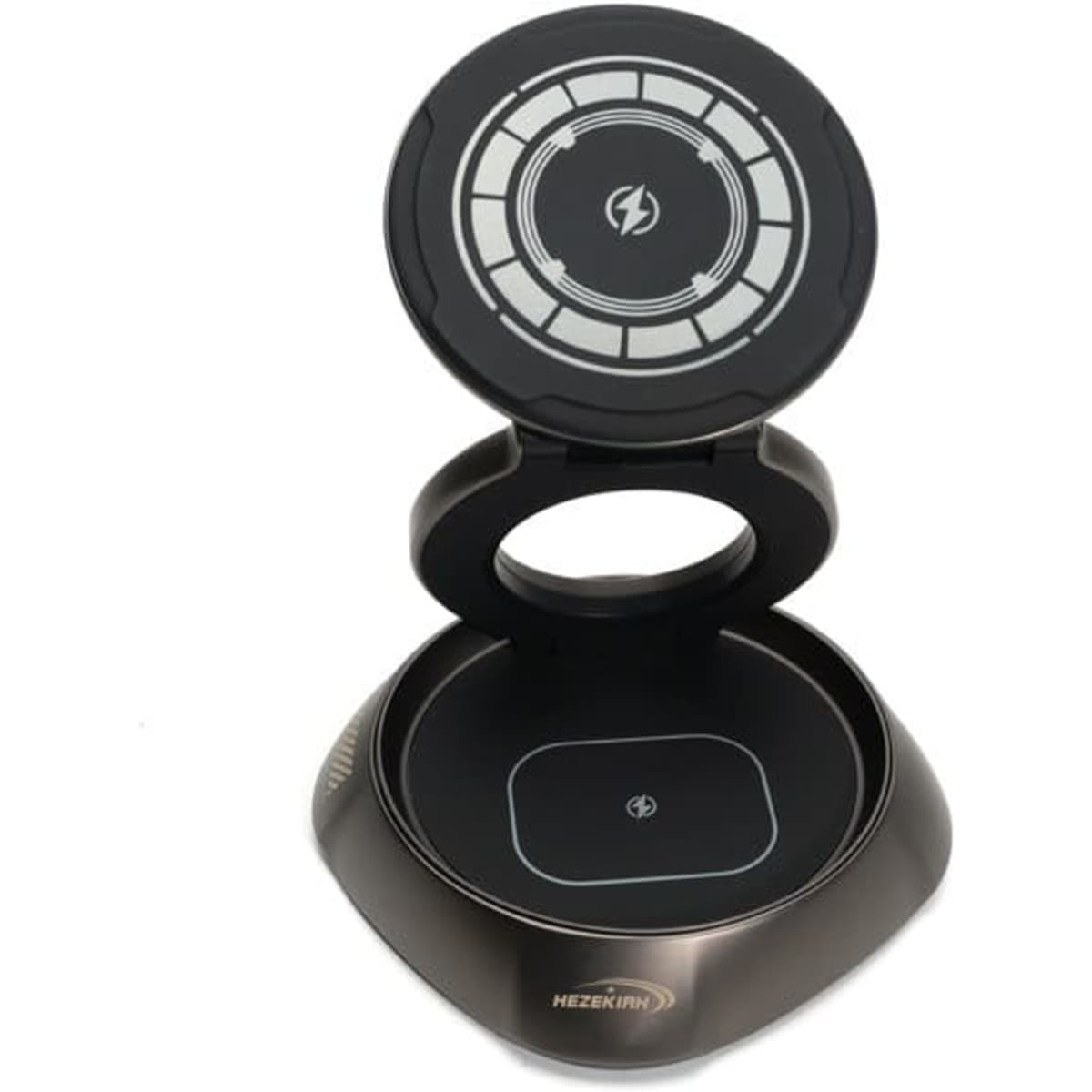 A magnetic wireless charger stand in black with a circular charging pad and a sleek, modern design. It features a logo.