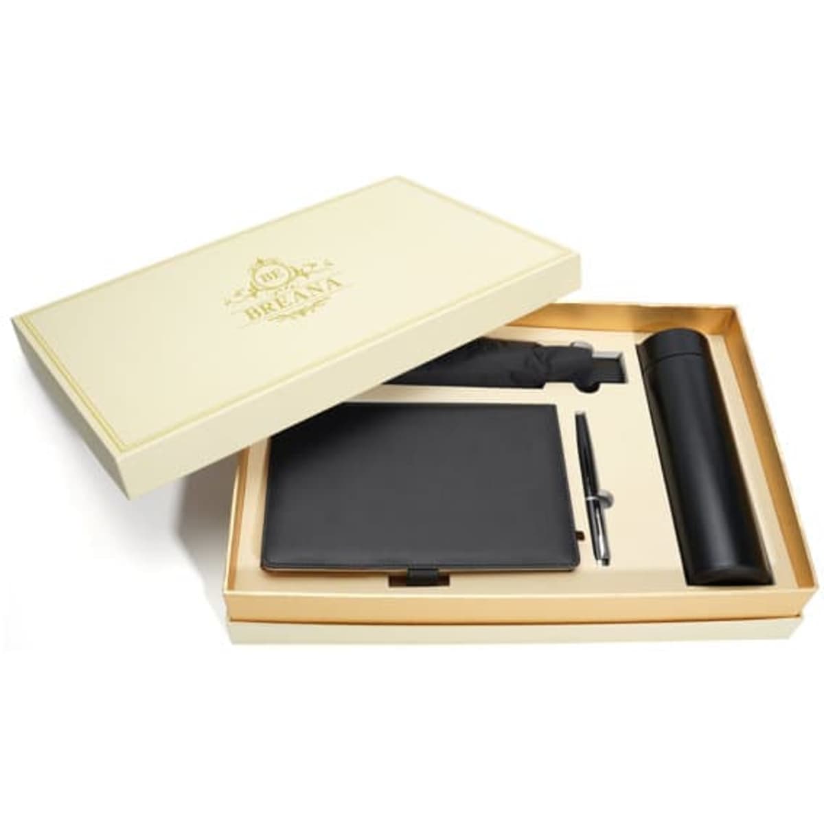 A gift box set containing a black notebook, pen, and drink bottle, all in a cream-coloured box with a logo.