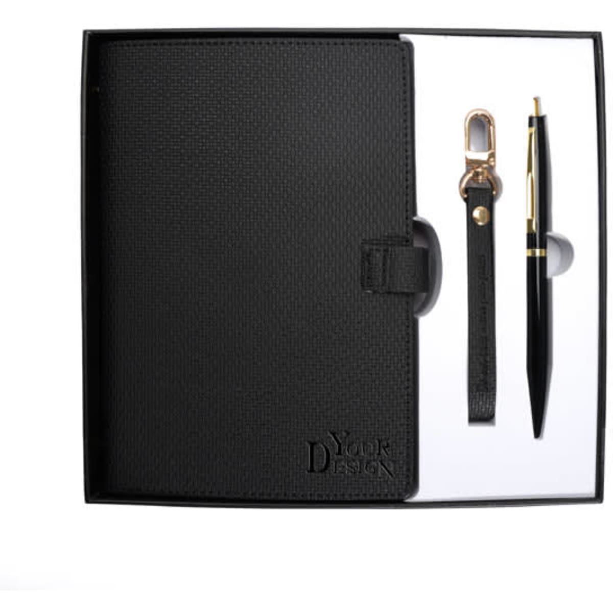 A portable notebook gift set featuring a black notebook, a pen, and a keychain, all presented in a stylish box.