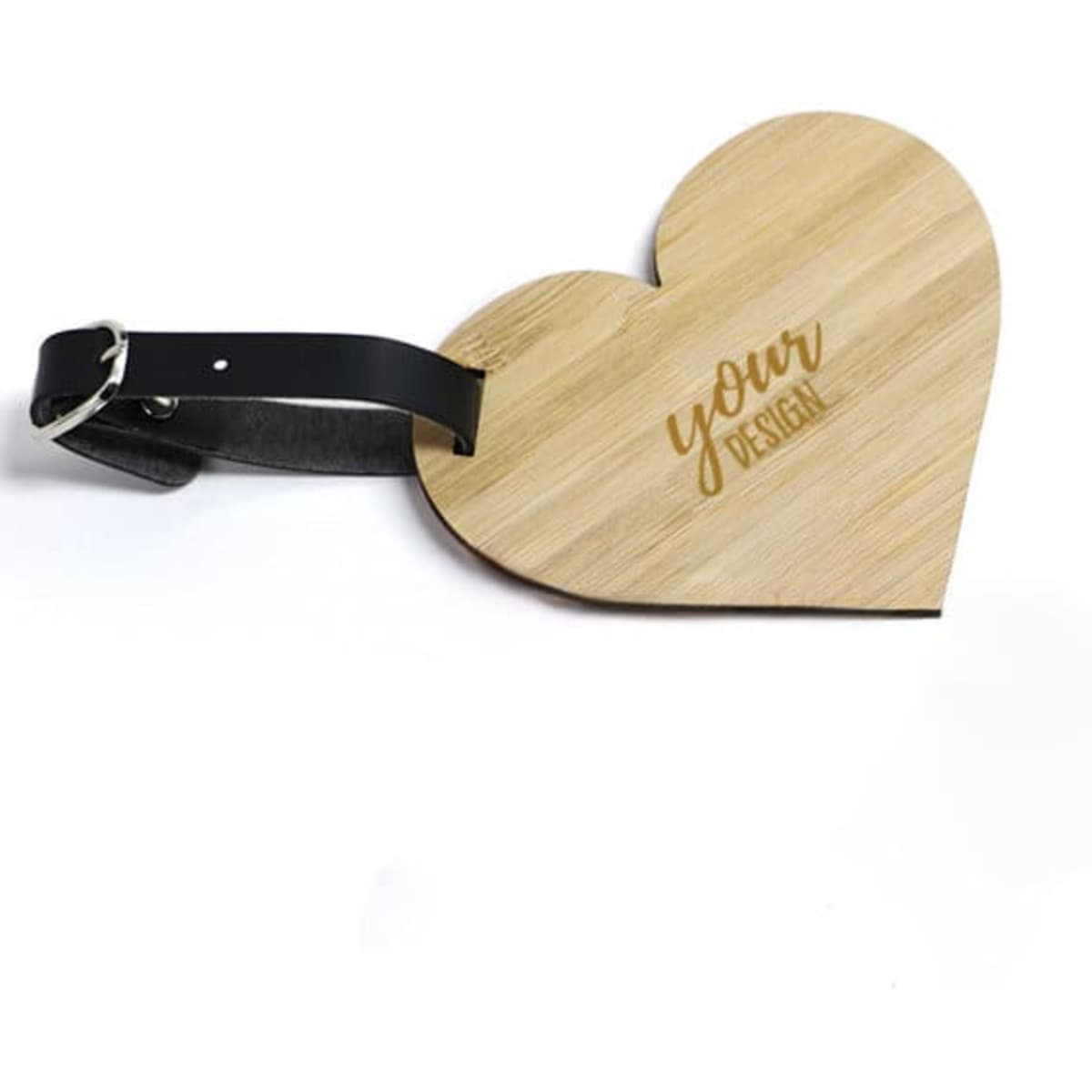 A heart-shaped wooden luggage tag in natural wood with a black strap, featuring a space for custom design.
