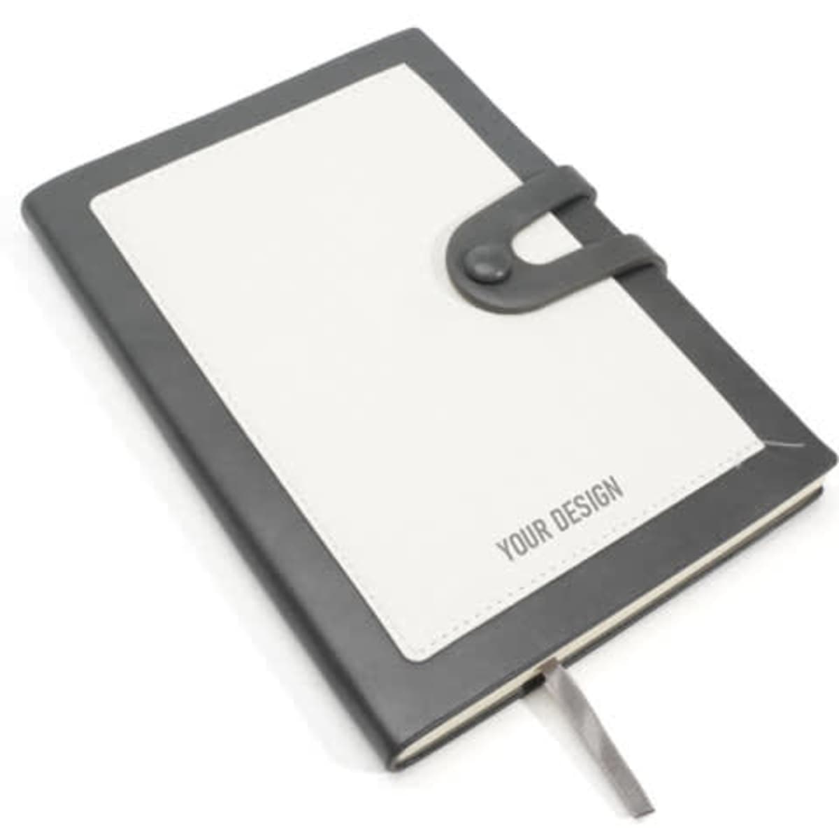 A softcover PU leather journal notebook in white and black, featuring a strap closure and a ribbon bookmark.