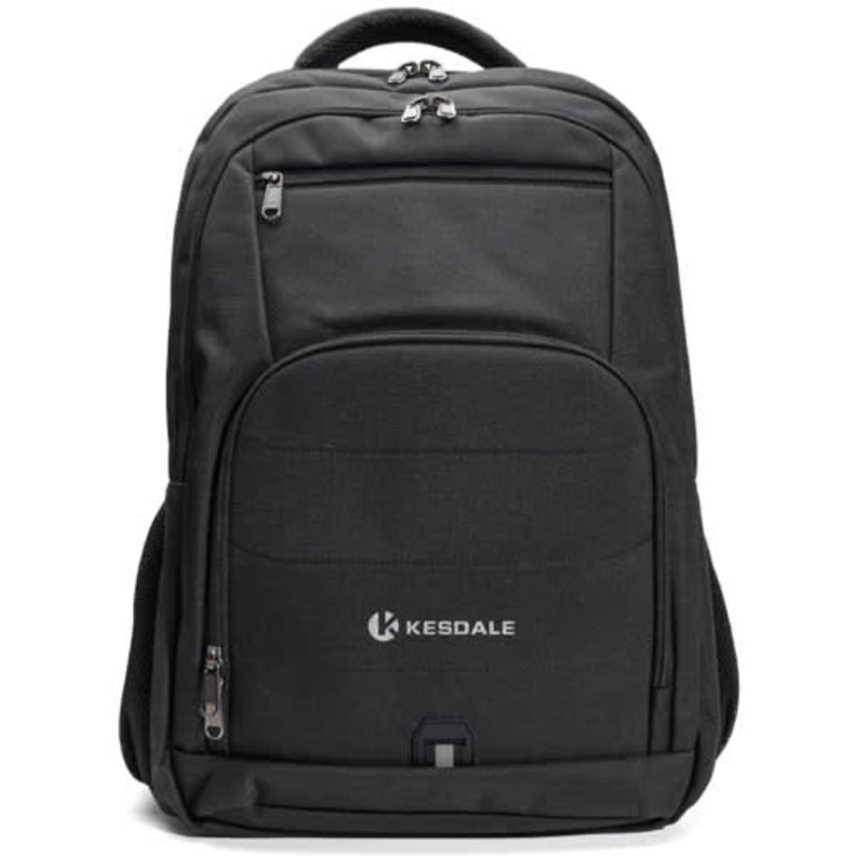 A black large capacity travel backpack with a front pocket and a logo on the lower front.