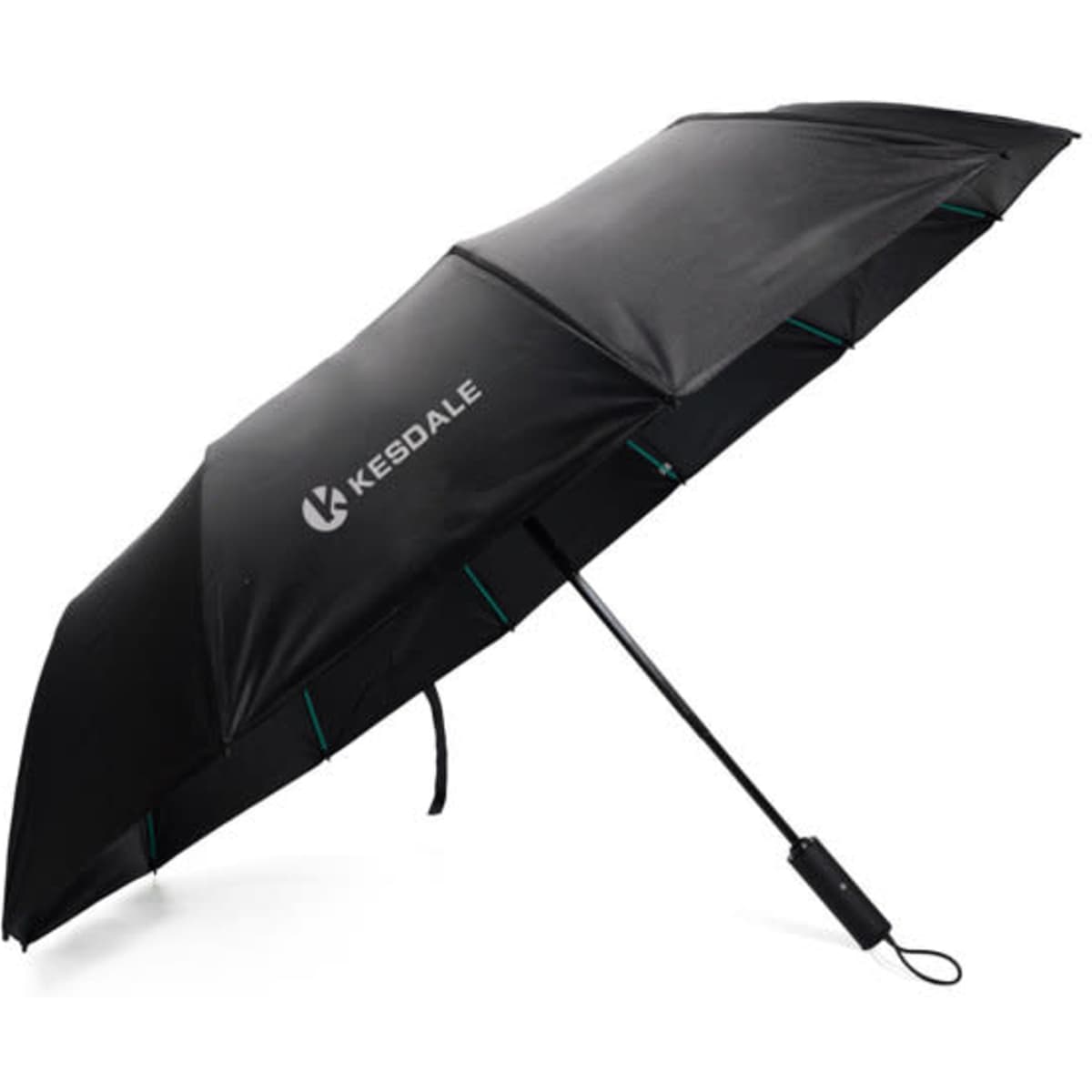 A black portable automatic folding umbrella with a logo and a slender handle.