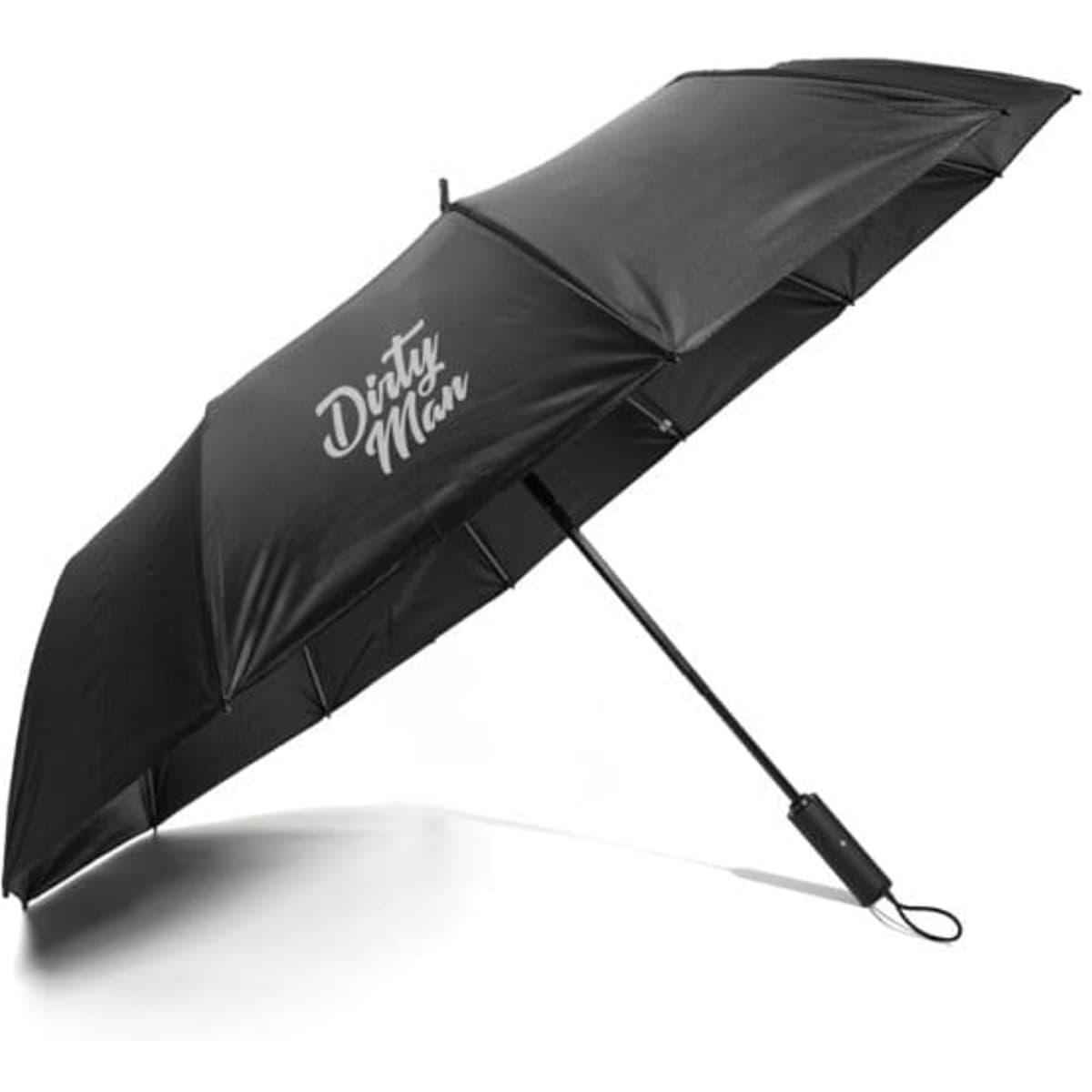 A portable compact automatic windproof umbrella in black with a branding logo.