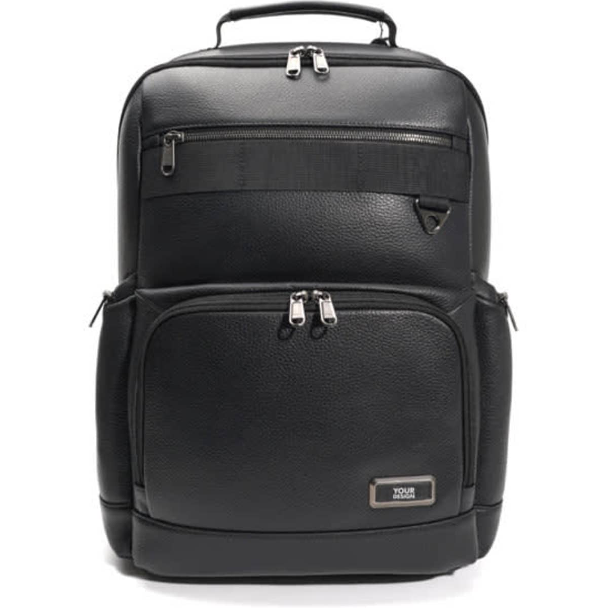 A sleek black waterproof leather backpack featuring multiple zipped compartments and a logo.