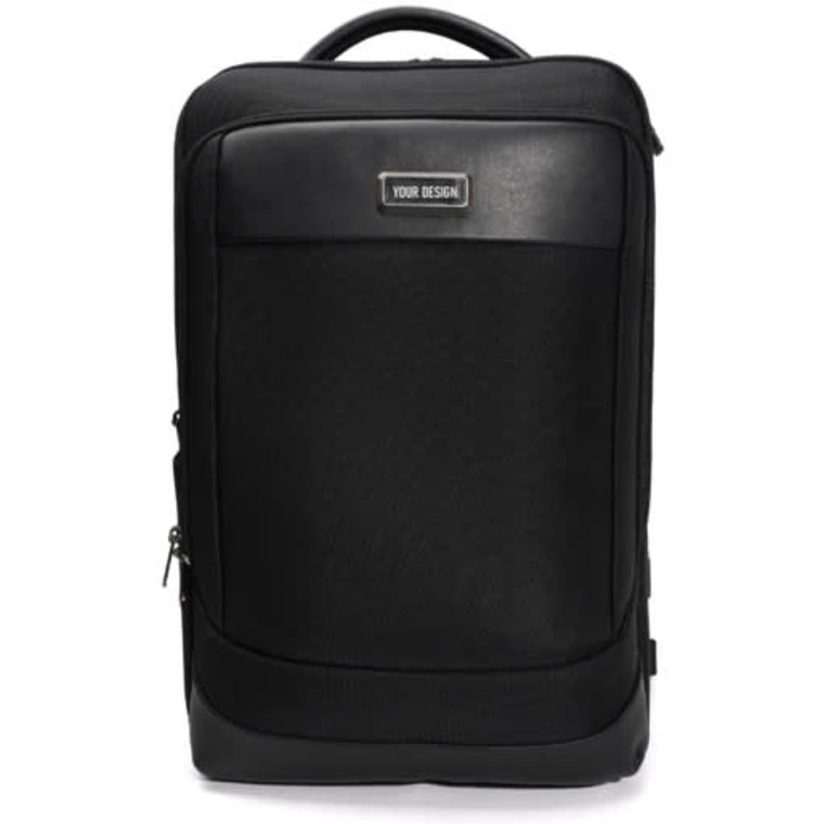 A black genuine leather backpack featuring a sleek design and a logo on the front panel.