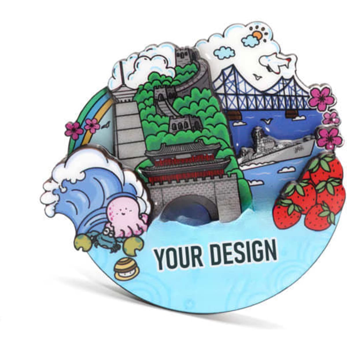 A custom 3D wooden refrigerator magnet featuring vibrant colours, illustrations of landmarks, and a decorative border.