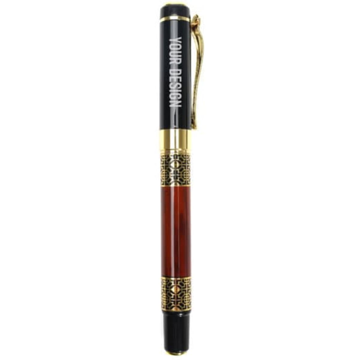 A vintage fountain pen with a black and brown barrel, gold accents, and a decorative band. It features a logo.