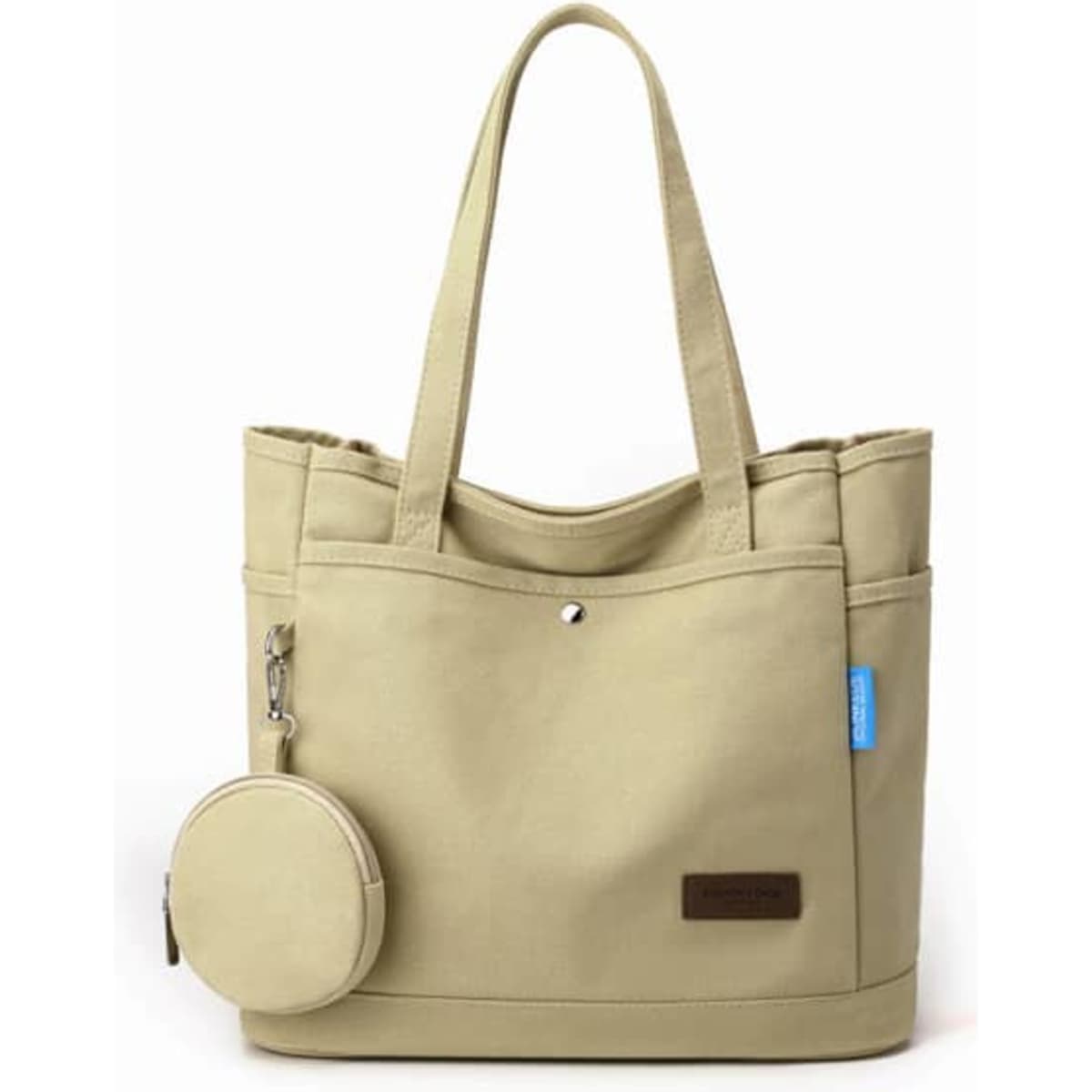 A beige canvas tote bag with two handles and a round detachable pouch. It features a logo.