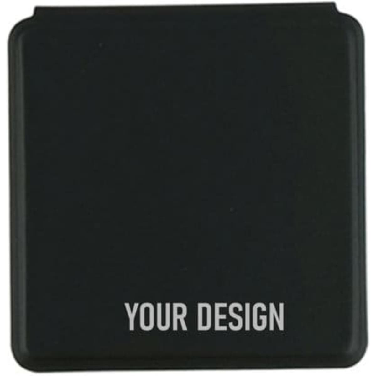 A black magnetic mini travel makeup mirror with a flat design and branding area for customisation.