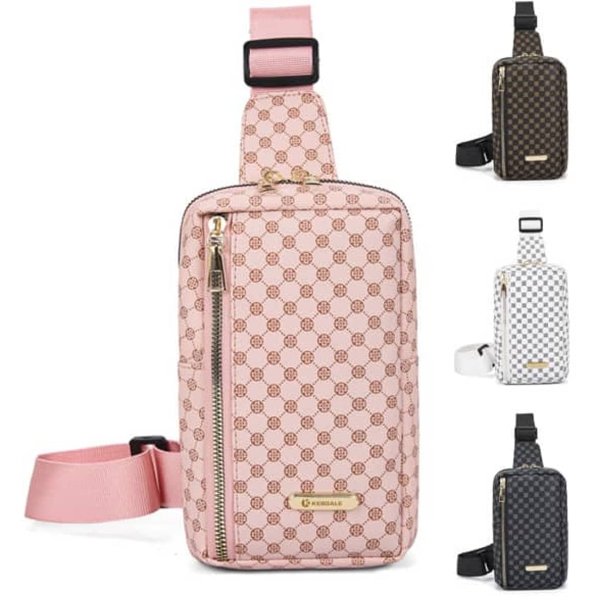 A pink PU leather chest pack with a zip and adjustable strap, alongside black and white patterned variations.