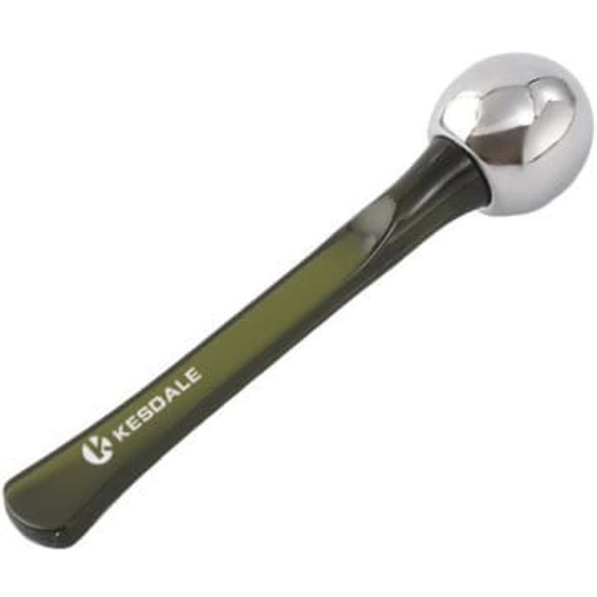 An eye roller massage stick featuring a silver roller and a black handle, with a logo on the side.