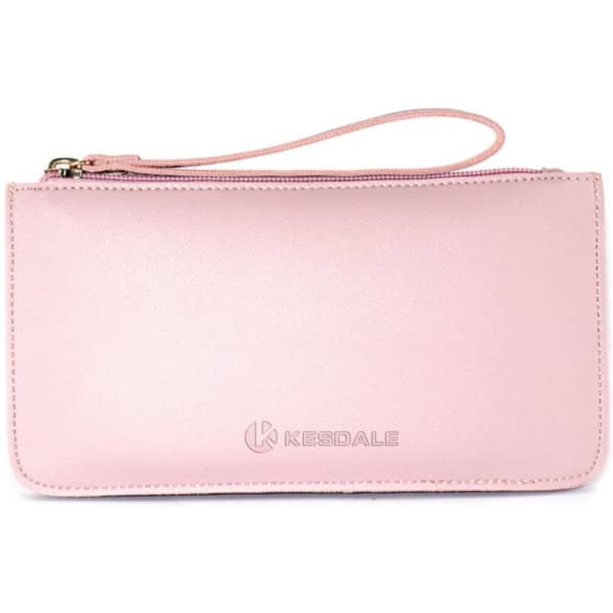 A pink soft PU double layer long wallet with a zipper and a wrist strap, featuring a logo.