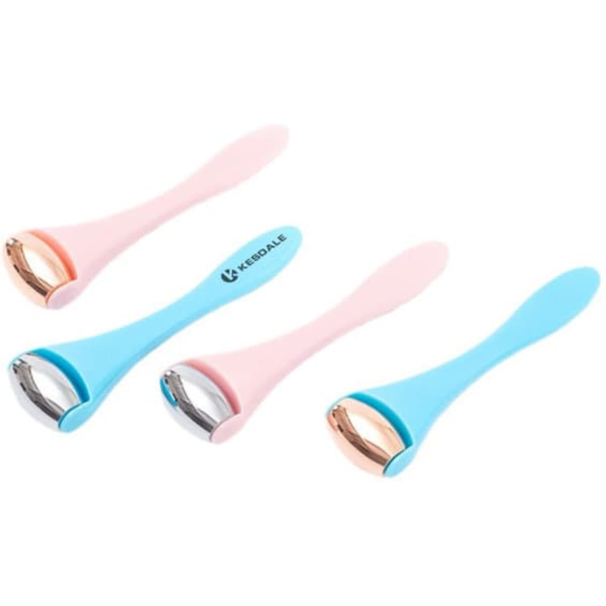 A set of four facial plastic massage sticks in pink and blue, featuring a metallic roller at the end of each stick.