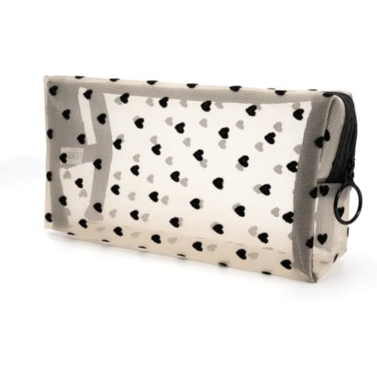 A heart print mesh makeup bag in a translucent finish, featuring black hearts on a light background, with a zip closure.